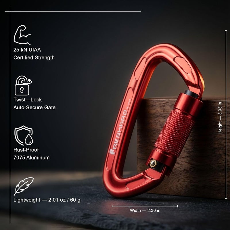 FresKaro 4inches 25kN-5621lbs Climbing Carabiners, UIAA CE Certified, Twist Auto Locking, Made of 7075 Aluminium, Lightweight, Rust Proof, for Mountaineering, Rappelling etc., Multi-Colors - Image 2